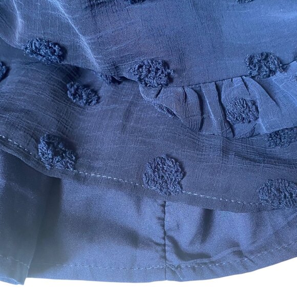 Annebouti Navy Dress Swiss Dot Flare Sleeve Flowy Smocked Bodice Ruffle Hem XL - Picture 8 of 10